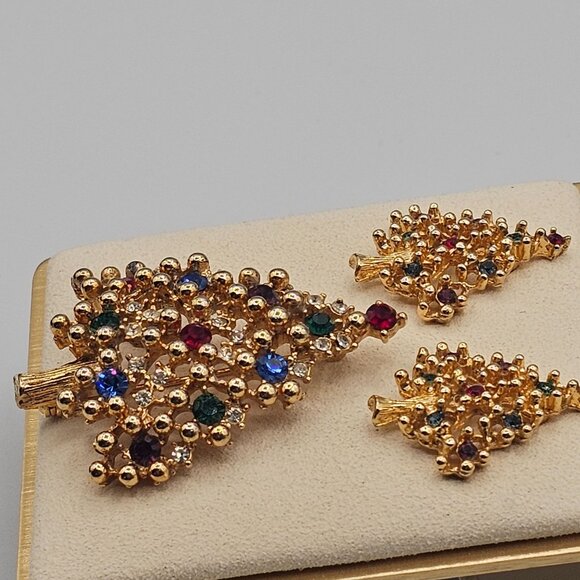 Eisenberg Matching Earrings + Brooch Gold Tone Decorated Festive Christmas Trees - Picture 2 of 15